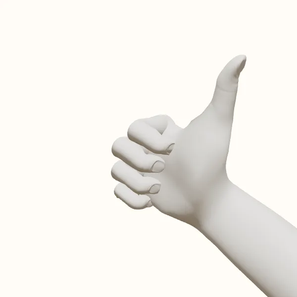 Thumbs up reference — female hand, three-quarter view