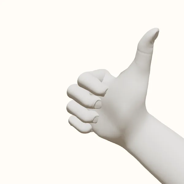 Thumbs up reference — male hand, three-quarter view