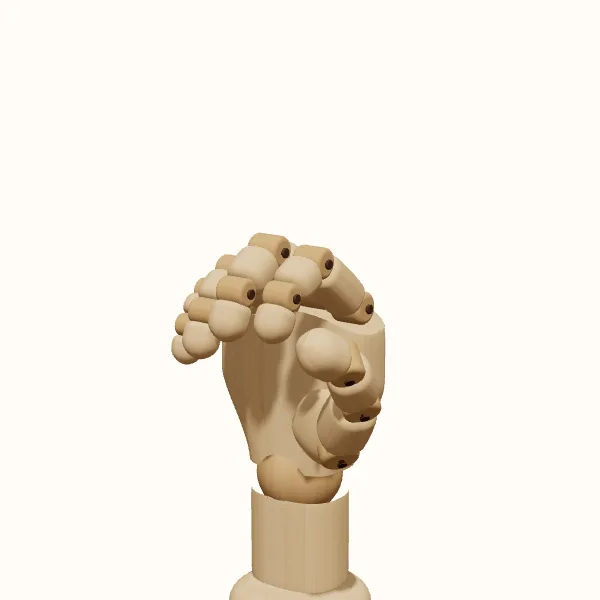 Gripping hand reference — wooden hand in three-quarter view