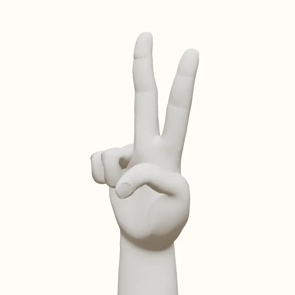 Peace sign reference — female hand, three-quarter view