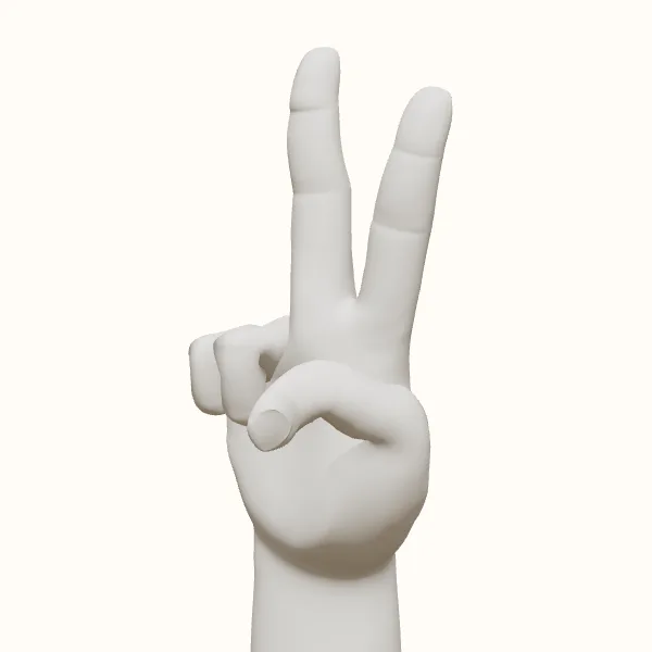 Peace sign reference — male hand, three-quarter view