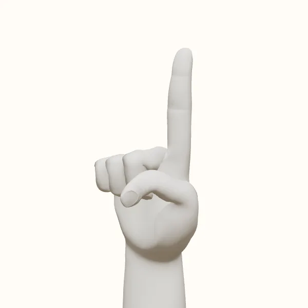 Pointing hand reference — female hand, three-quarter view
