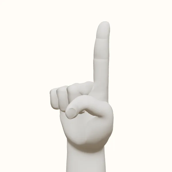 Pointing hand reference — male hand, three-quarter view