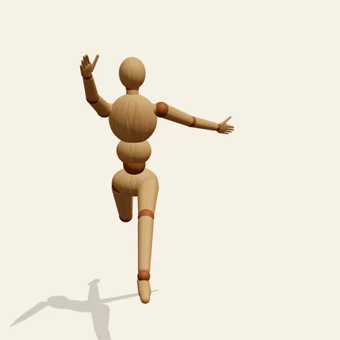 Action Leap pose reference, front view of a wooden drawing mannequin