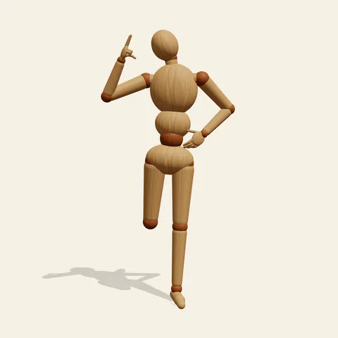 Anime Peace Sign pose reference, front view of a wooden drawing mannequin