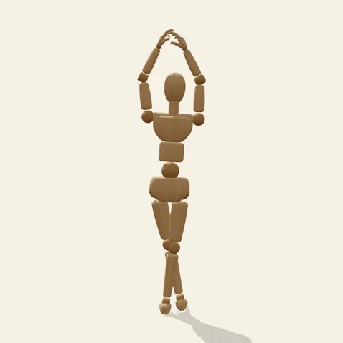 Arms Up, Legs Crossed pose reference, back view of a wooden drawing mannequin