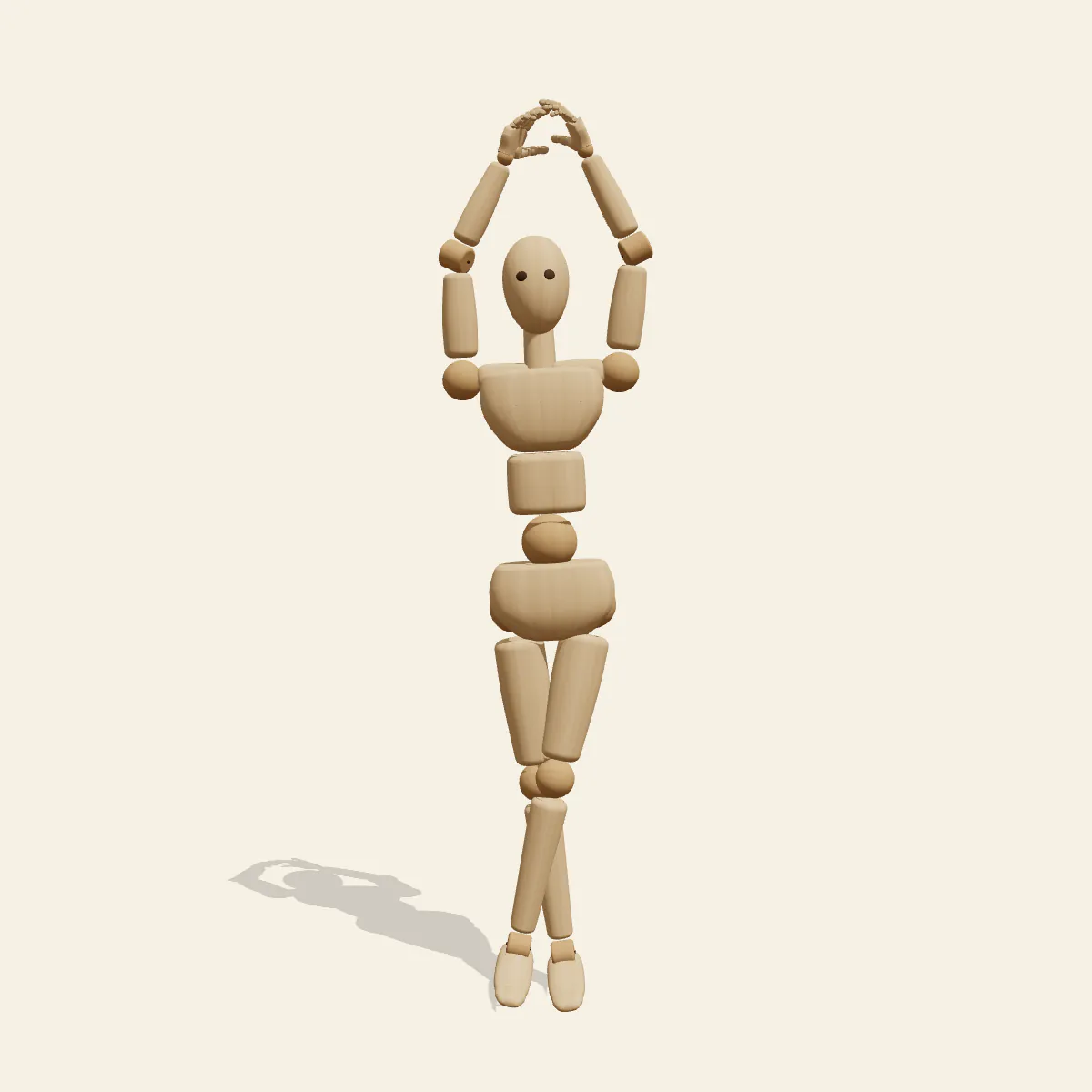 Arms Up, Legs Crossed pose reference, front view of a wooden drawing mannequin