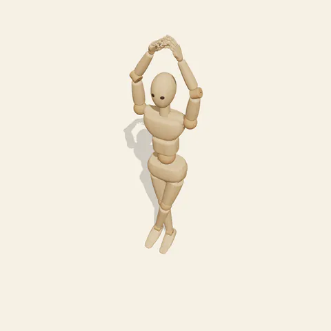Arms Up, Legs Crossed pose reference, high-angle view of a wooden drawing mannequin