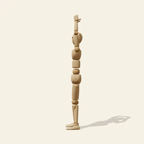 Arms Up, Legs Crossed pose reference, side view of a wooden drawing mannequin