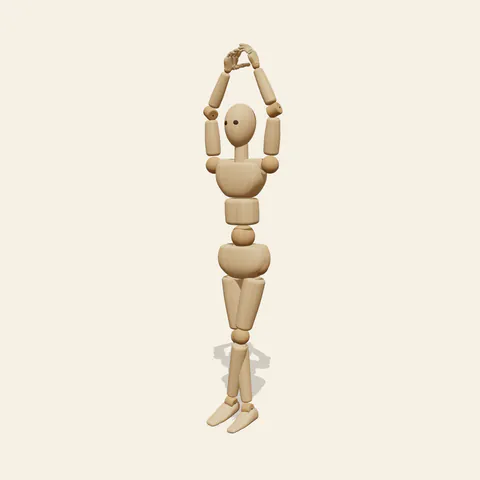 Arms Up, Legs Crossed pose reference, three-quarter view of a wooden drawing mannequin