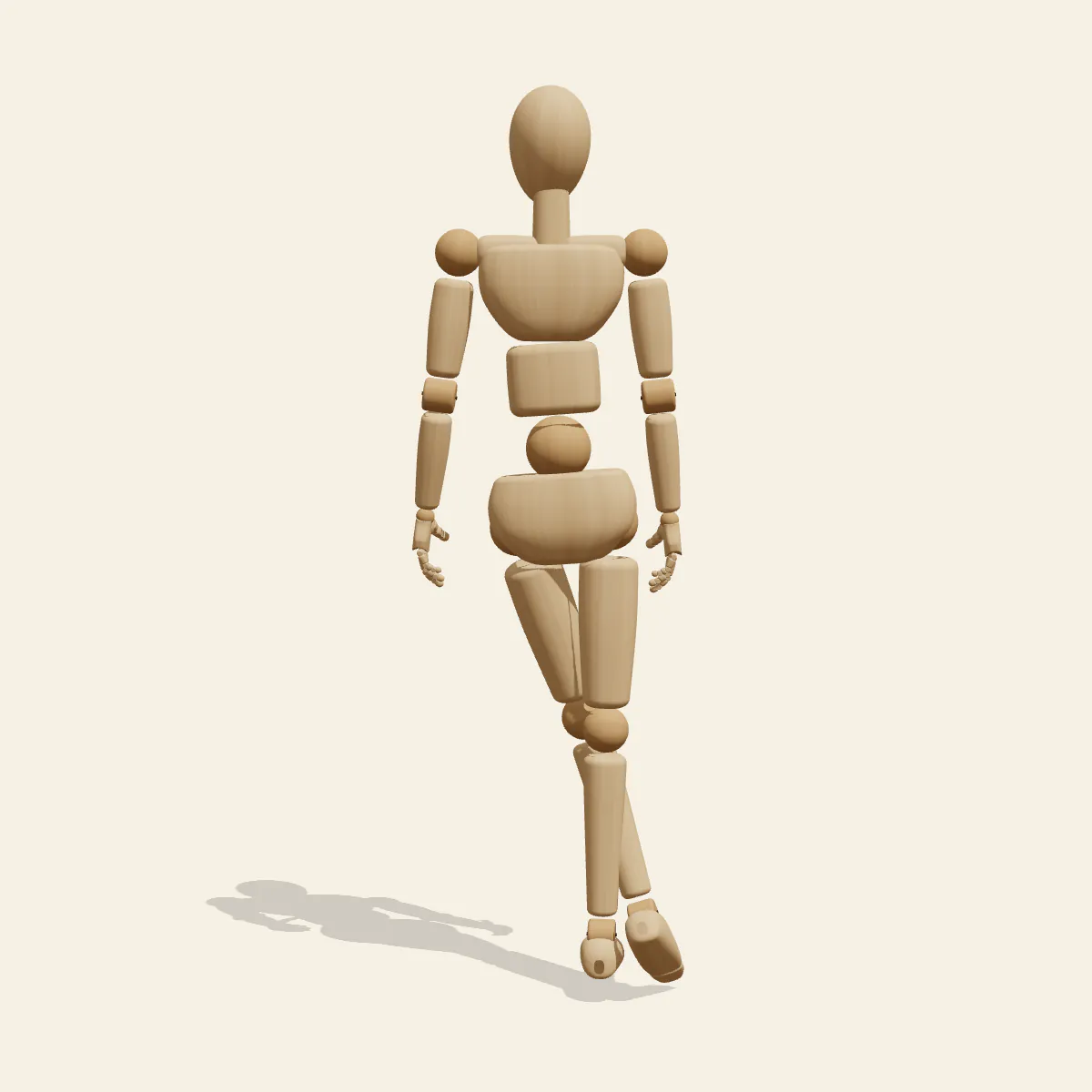 Back, Legs Crossed pose reference, front view of a wooden drawing mannequin
