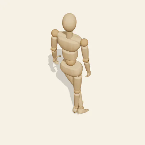 Back, Legs Crossed pose reference, high-angle view of a wooden drawing mannequin