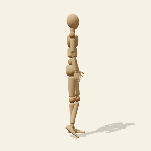Back, Legs Crossed pose reference, side view of a wooden drawing mannequin