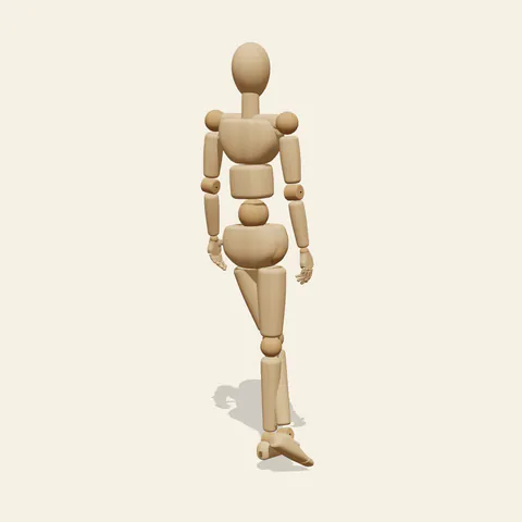 Back, Legs Crossed pose reference, three-quarter view of a wooden drawing mannequin