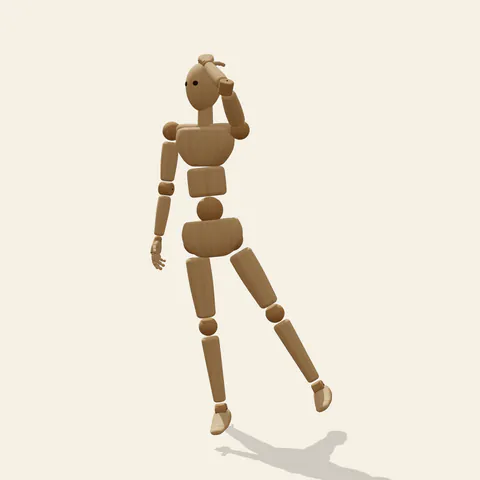 Hand on Head Back View pose reference, back view of a wooden drawing mannequin