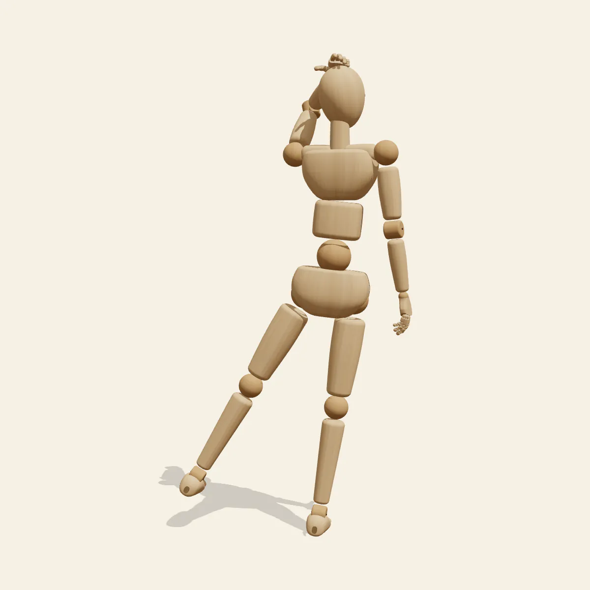 Hand on Head Back View pose reference, front view of a wooden drawing mannequin