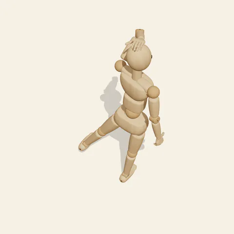 Hand on Head Back View pose reference, high-angle view of a wooden drawing mannequin