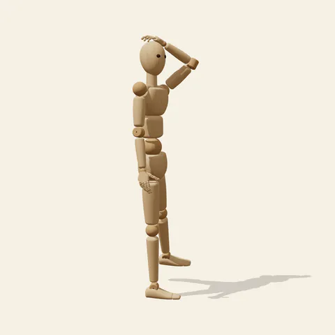 Hand on Head Back View pose reference, side view of a wooden drawing mannequin