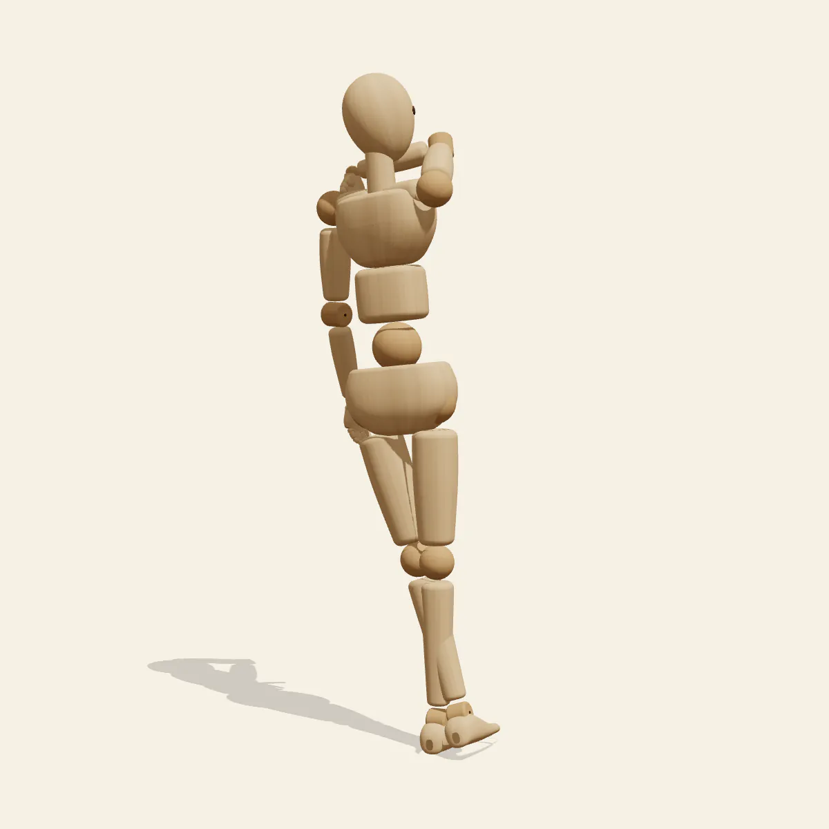 Back Shoulder Hold pose reference, front view of a wooden drawing mannequin