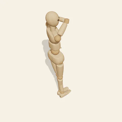 Back Shoulder Hold pose reference, high-angle view of a wooden drawing mannequin