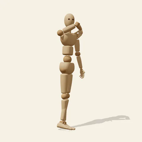 Back Shoulder Hold pose reference, side view of a wooden drawing mannequin