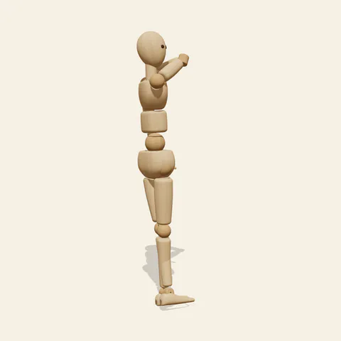 Back Shoulder Hold pose reference, three-quarter view of a wooden drawing mannequin