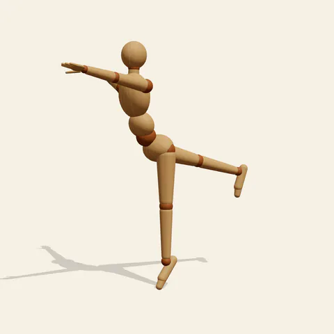 Ballerina Arabesque pose reference, front view of a wooden drawing mannequin