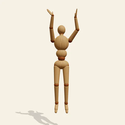 Basketball Jump Shot pose reference, front view of a wooden drawing mannequin