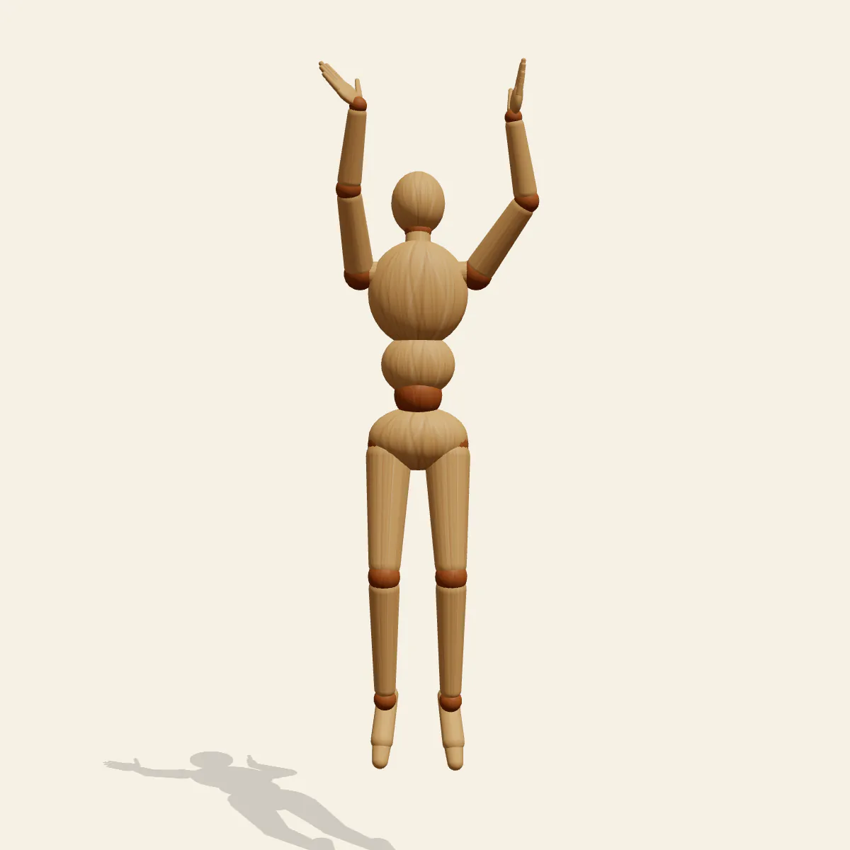 Basketball Jump Shot pose reference, front view of a wooden drawing mannequin