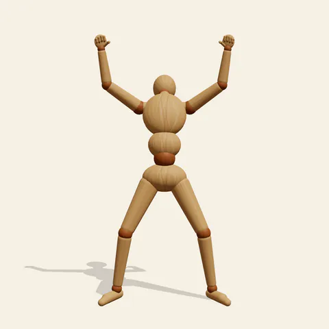 Battle Cry pose reference, front view of a wooden drawing mannequin