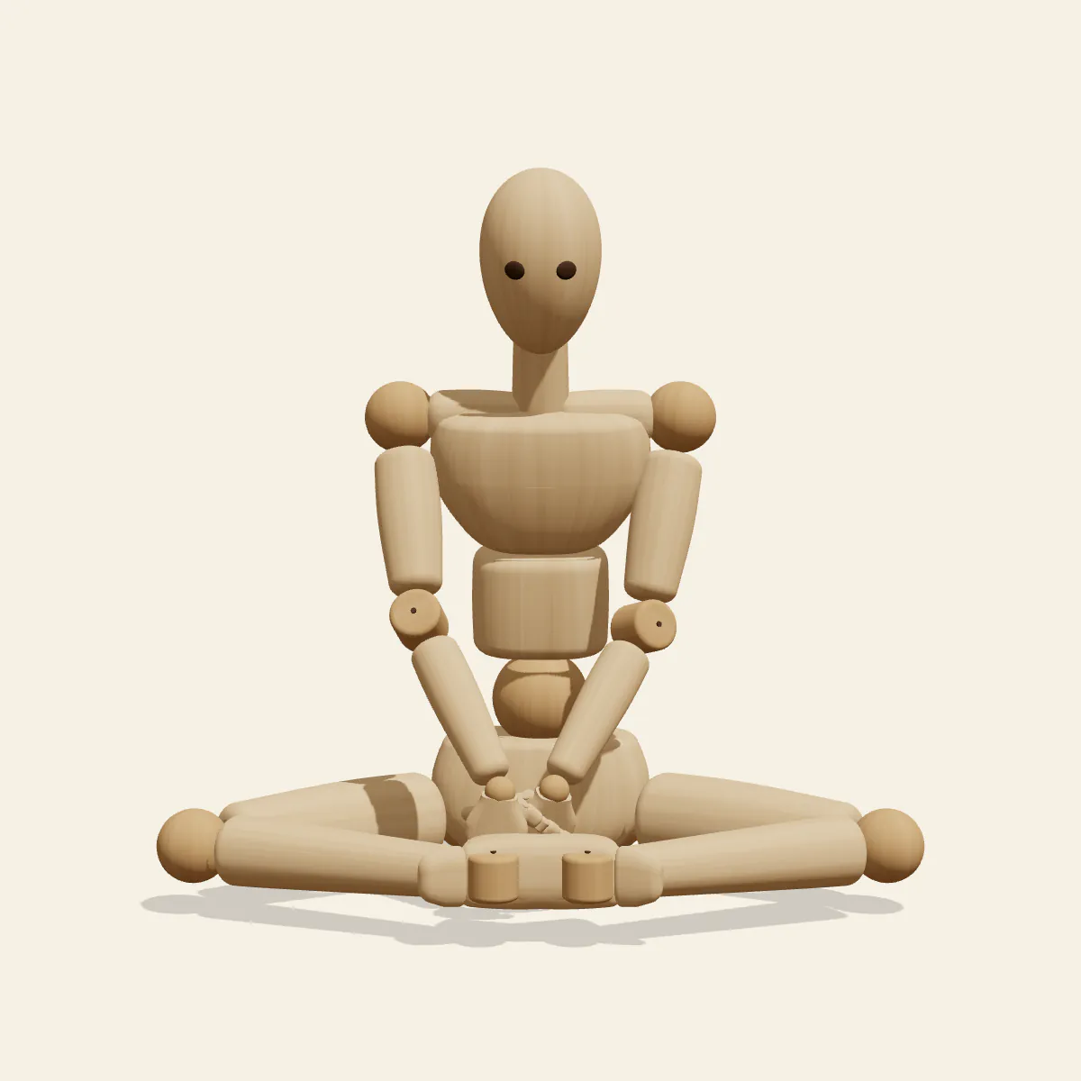 Butterfly Sitting pose reference, front view of a wooden drawing mannequin