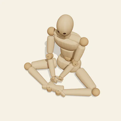 Butterfly Sitting pose reference, high-angle view of a wooden drawing mannequin