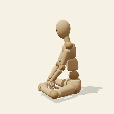 Butterfly Sitting pose reference, side view of a wooden drawing mannequin