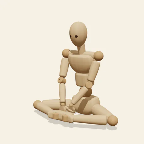 Butterfly Sitting pose reference, three-quarter view of a wooden drawing mannequin