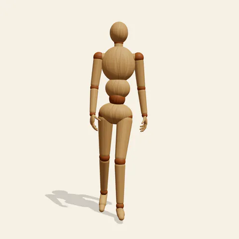 Catwalk Strut pose reference, front view of a wooden drawing mannequin