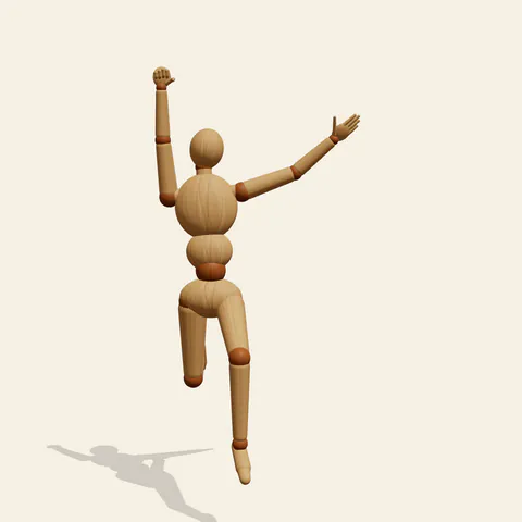 Chibi Cheer Jump pose reference, front view of a wooden drawing mannequin