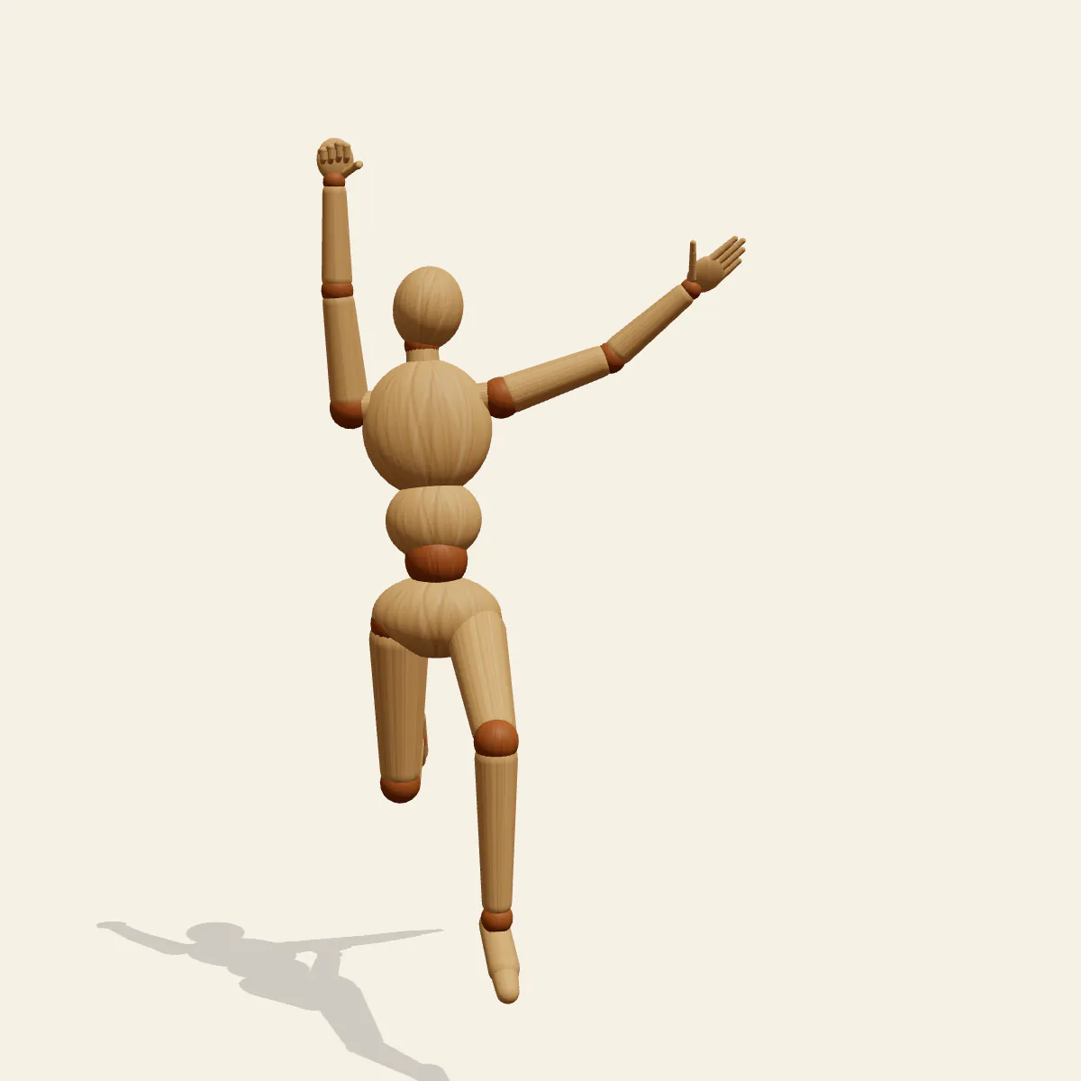 Chibi Cheer Jump pose reference, front view of a wooden drawing mannequin