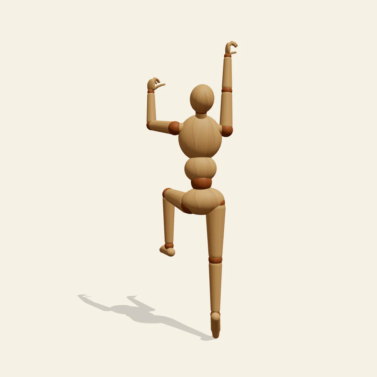Climbing Reach pose reference, front view of a wooden drawing mannequin