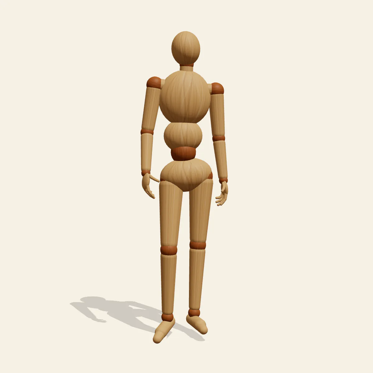 Contrapposto pose reference, front view of a wooden drawing mannequin