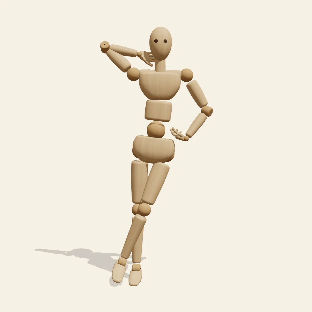 Crossed-Leg Hip Pose pose reference, front view of a wooden drawing mannequin