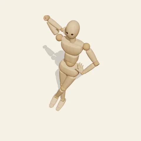 Crossed-Leg Hip Pose pose reference, high-angle view of a wooden drawing mannequin