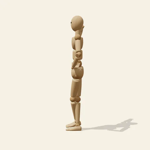 Crossed-Leg Hip Pose pose reference, side view of a wooden drawing mannequin