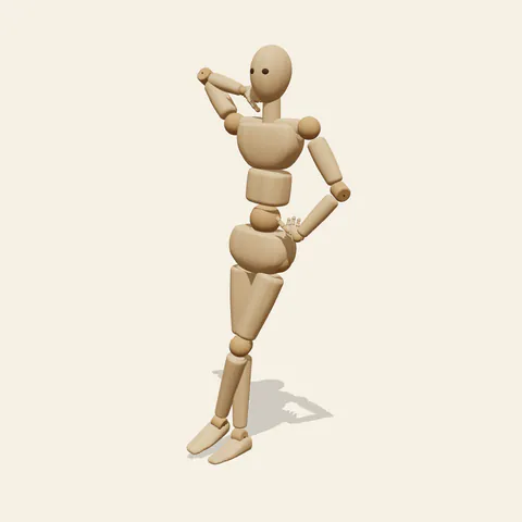 Crossed-Leg Hip Pose pose reference, three-quarter view of a wooden drawing mannequin