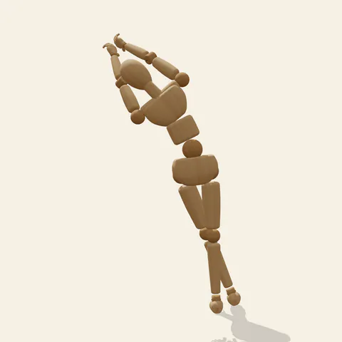 Crossed-Leg Stretch pose reference, back view of a wooden drawing mannequin