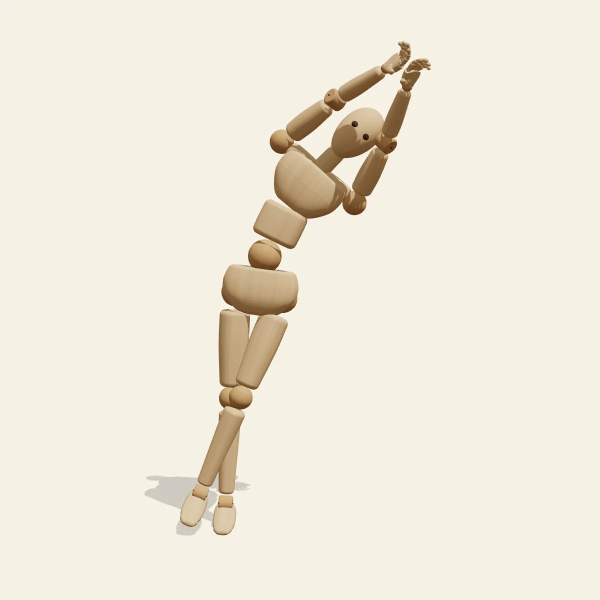Crossed-Leg Stretch pose reference, front view of a wooden drawing mannequin