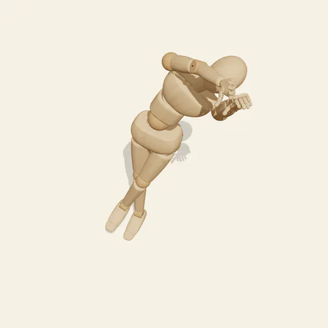 Crossed-Leg Stretch pose reference, high-angle view of a wooden drawing mannequin