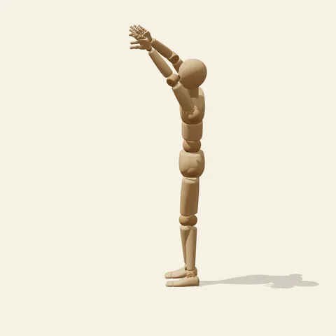 Crossed-Leg Stretch pose reference, side view of a wooden drawing mannequin
