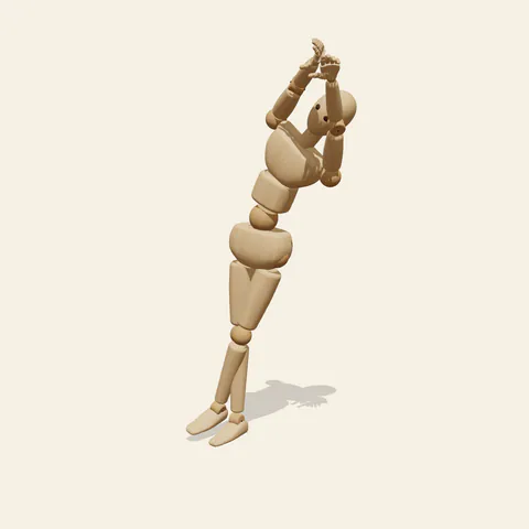Crossed-Leg Stretch pose reference, three-quarter view of a wooden drawing mannequin