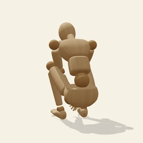 Chin-in-Hand Crouch pose reference, back view of a wooden drawing mannequin