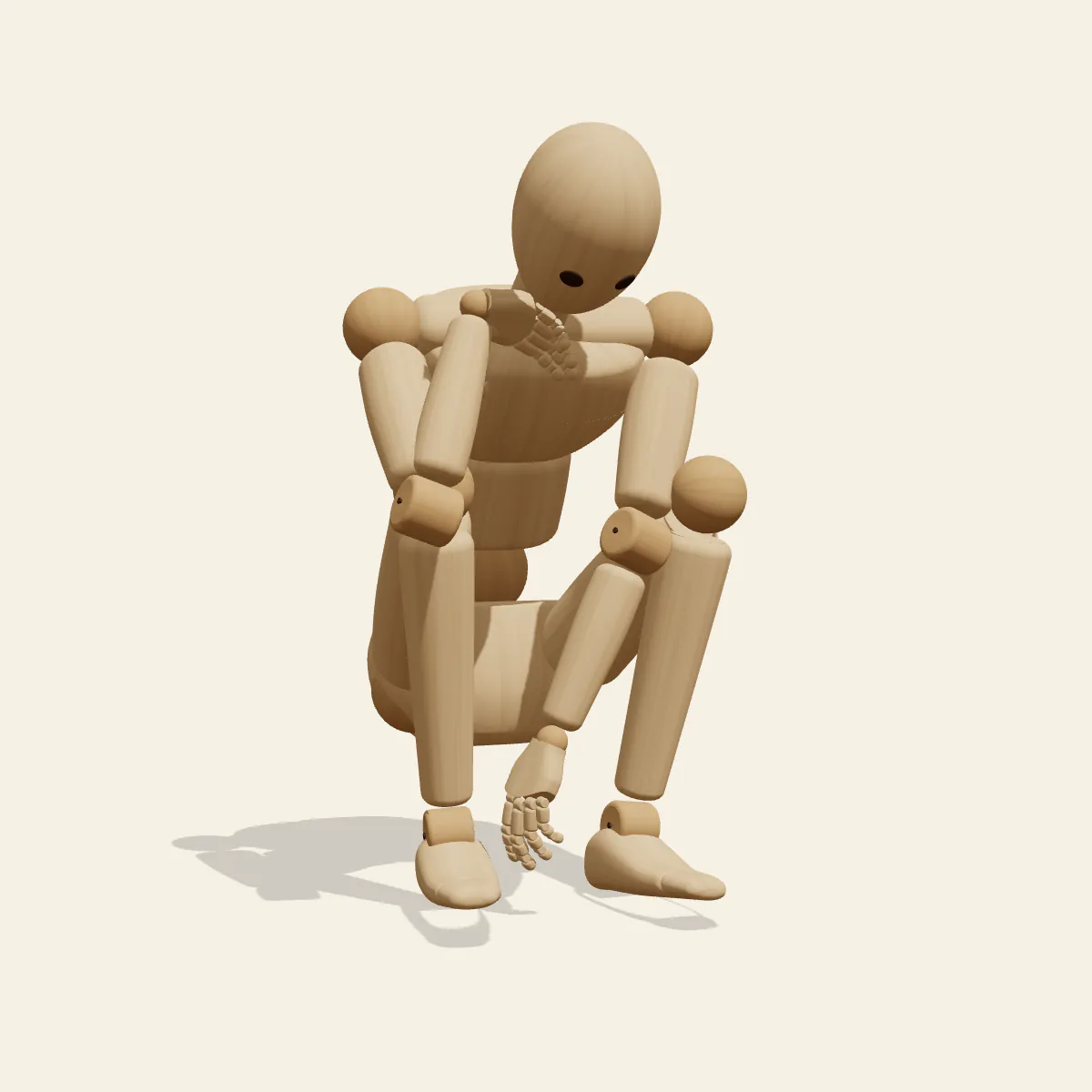 Chin-in-Hand Crouch pose reference, front view of a wooden drawing mannequin